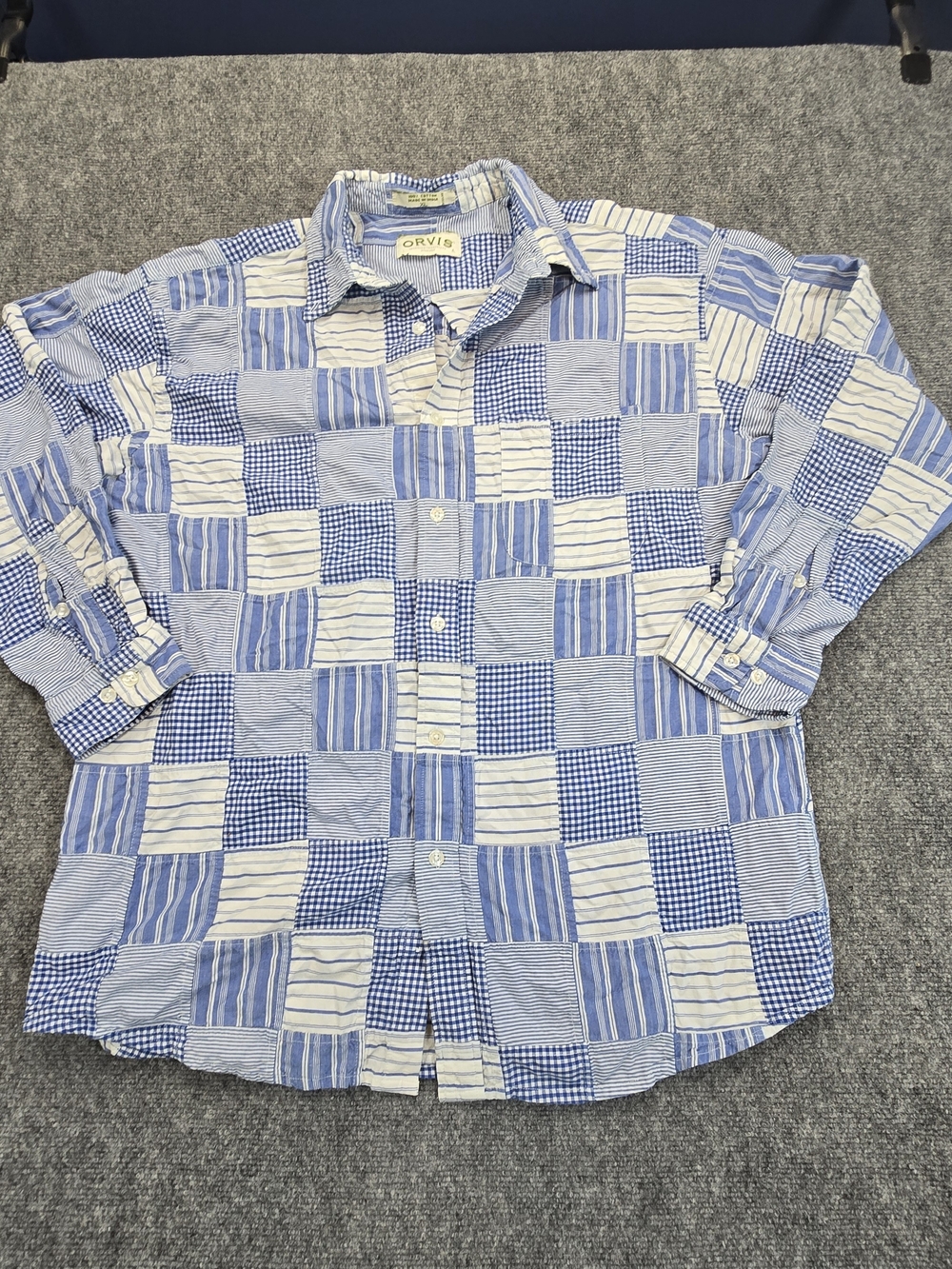 Orvis Men's Patchwork Button Down Shirt XL Blue White Cotton Long Sleeve Madras